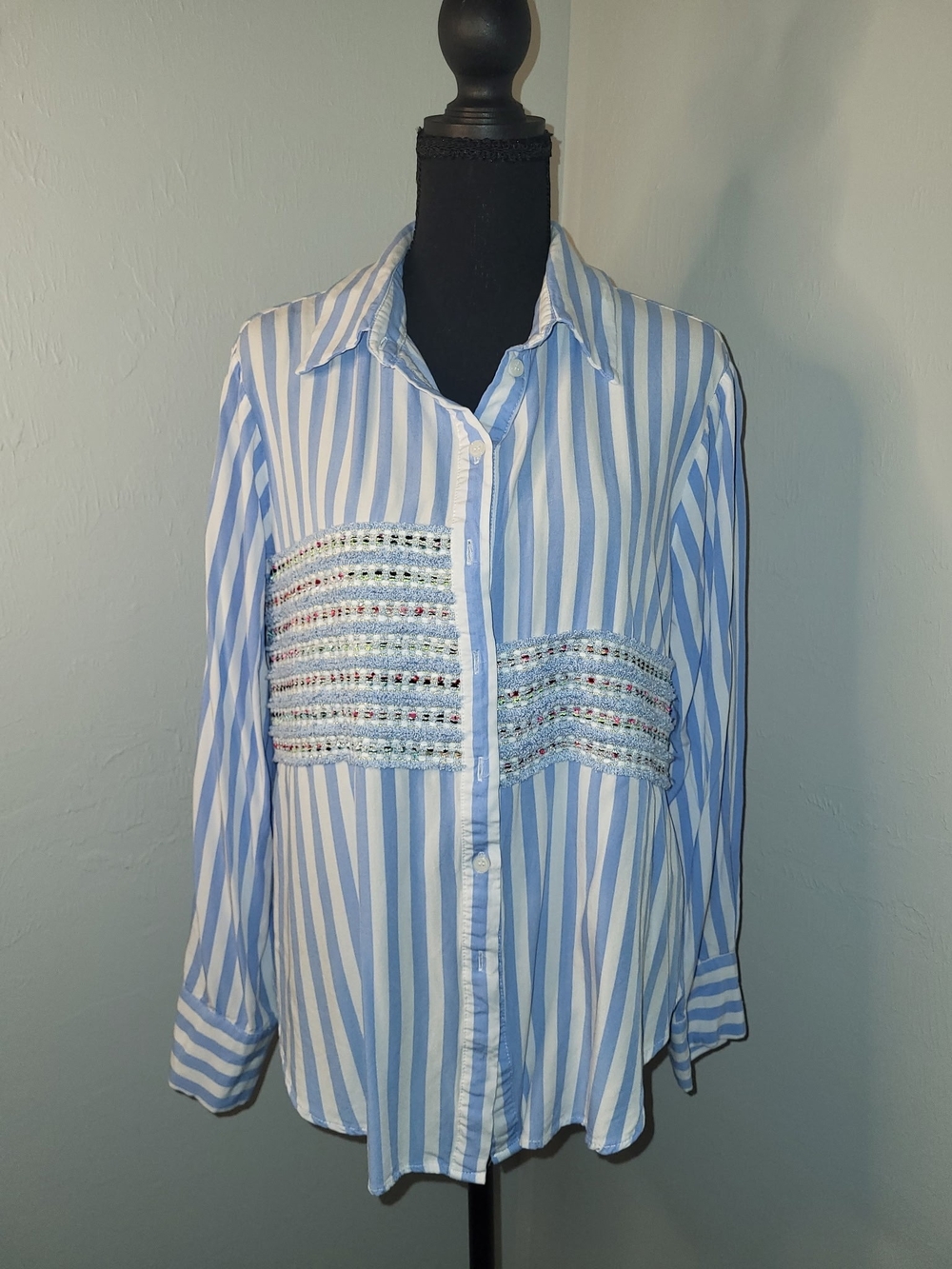 Adore Blue & White Striped Button-Down Shirt with Embroidered Band
